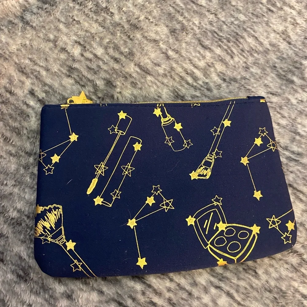 ipsy Blue and Gold Cosmetic Bag with Celestial makeup brush Pattern